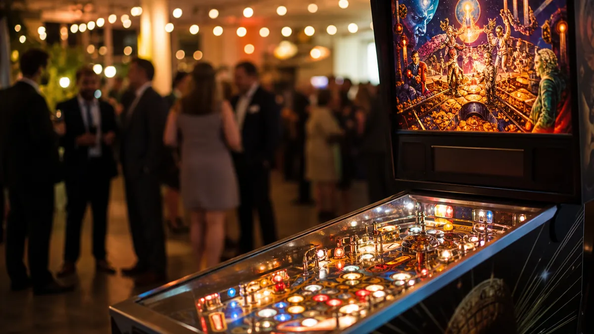 Flipper installe lors d'une soiree evenementielle festive, invites en arriere-plan, machine eclairee au centre d'une salle