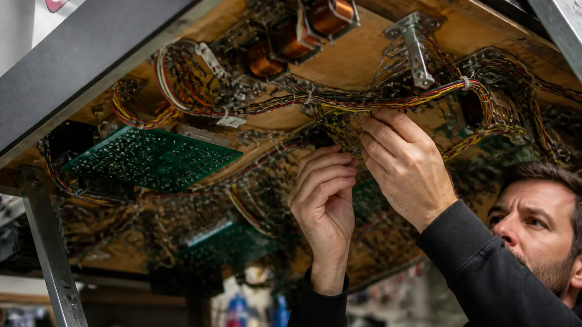 Vue de dessous d'un plateau de flipper montrant les bobines, le faisceau de câbles et les cartes électroniques