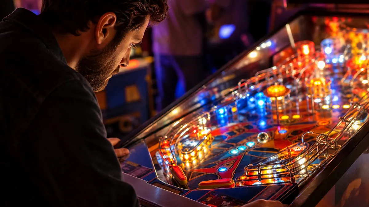 Joueur actionnant les boutons d'un flipper allumé, la bille filant entre les bumpers du plateau