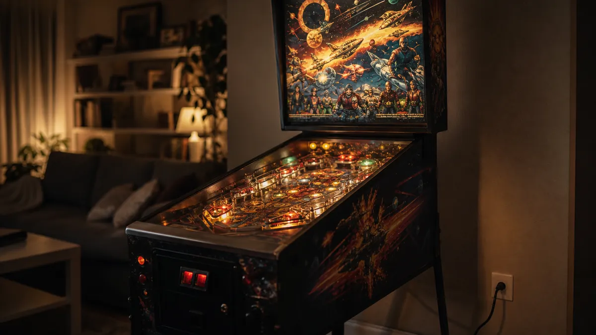 Flipper allume dans un salon le soir, backglass et plateau eclaires, prise electrique visible au mur