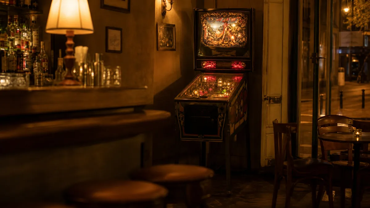 Flipper allumé dans un coin de bar de quartier, comptoir et tabourets en arrière-plan le soir