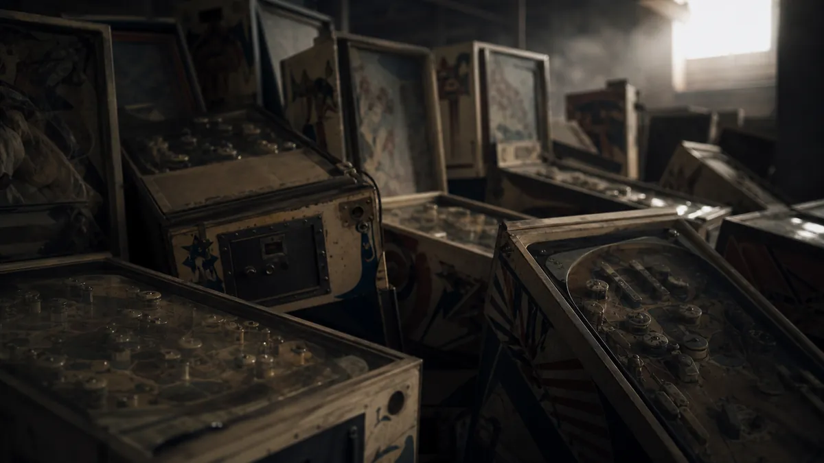Machines de flipper vintage confisquées et empilées dans un entrepôt sombre des années 1940, atmosphère de saisie policière