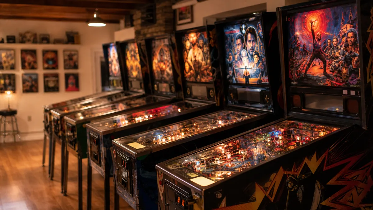Rangee de flippers de collection des annees 90 dans un garage amenage, machines Williams et Bally alignees sous un eclairage chaud