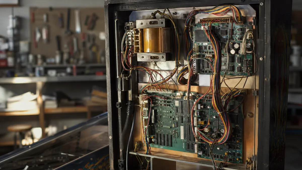 Flipper éteint ouvert par l'arrière, cartes électroniques et transformateur visibles dans la caisse pendant un diagnostic