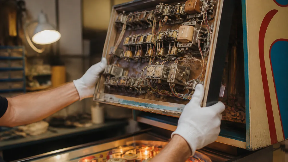 Mains gantées d'un restaurateur ouvrant le capot d'un flipper de collection pour inspecter ses relais