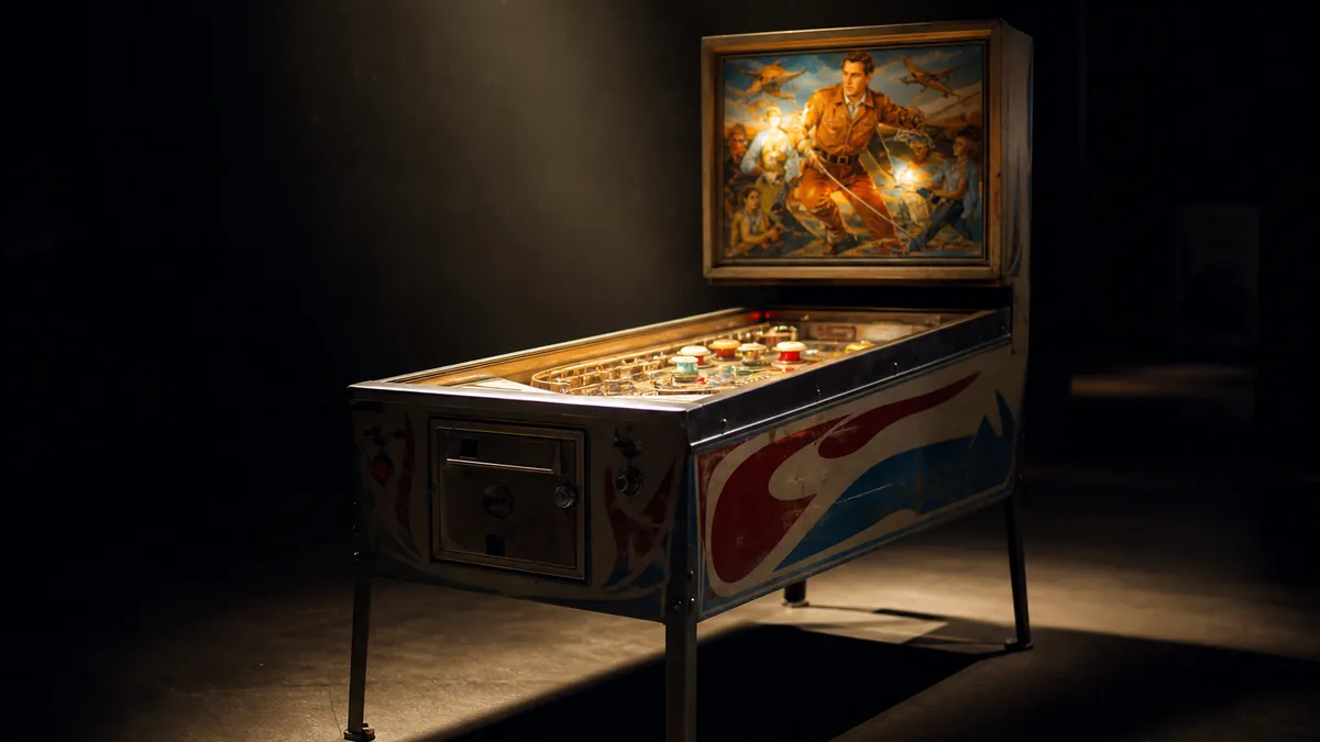 Flipper électromécanique ancien et rare exposé seul sous un éclairage de musée dans une pièce sombre