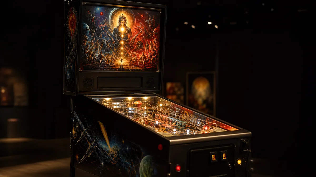 Flipper de collection rare exposé sous un éclairage de galerie, mettant en valeur son décor et son fronton