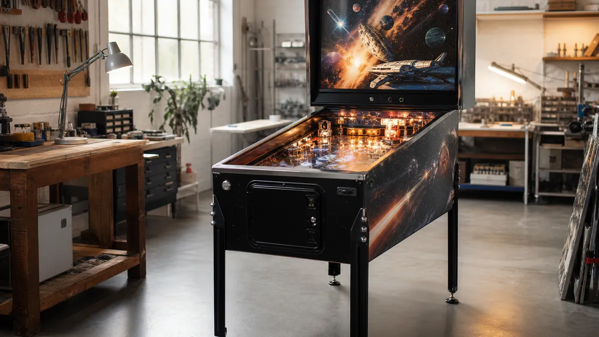 Flipper moderne de fabrication française exposé dans un atelier lumineux, plateau et fronton allumés