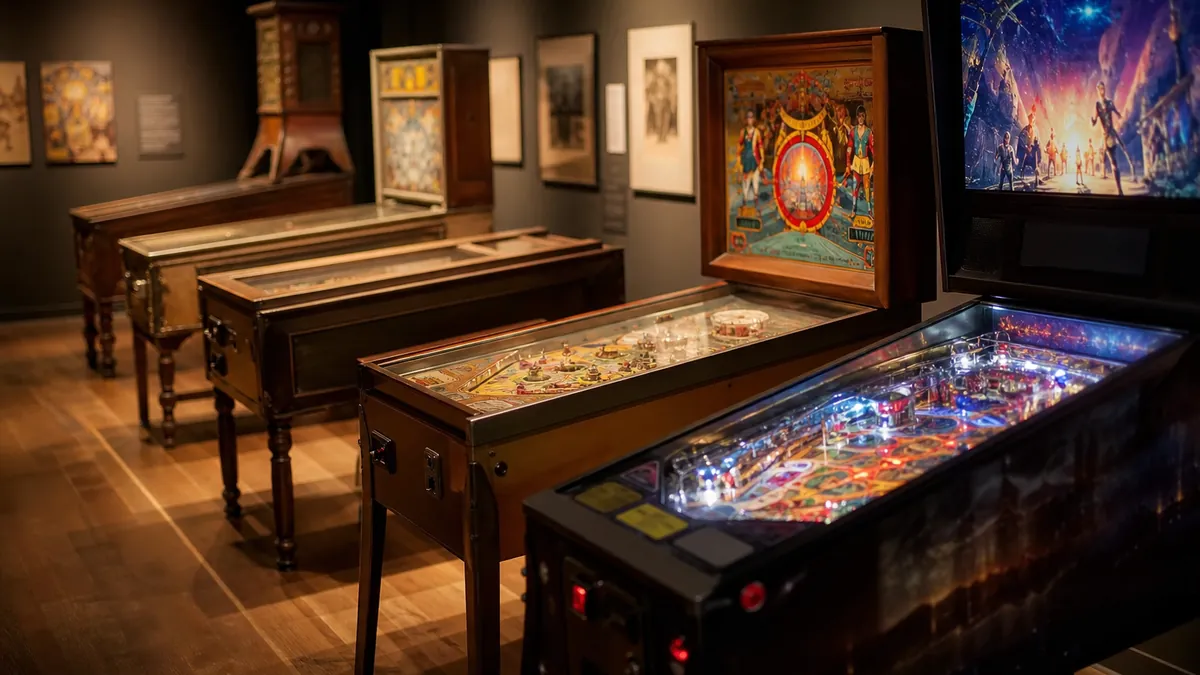Alignement chronologique de flippers, d'une table de bagatelle en bois ancienne à une machine à écran couleur moderne