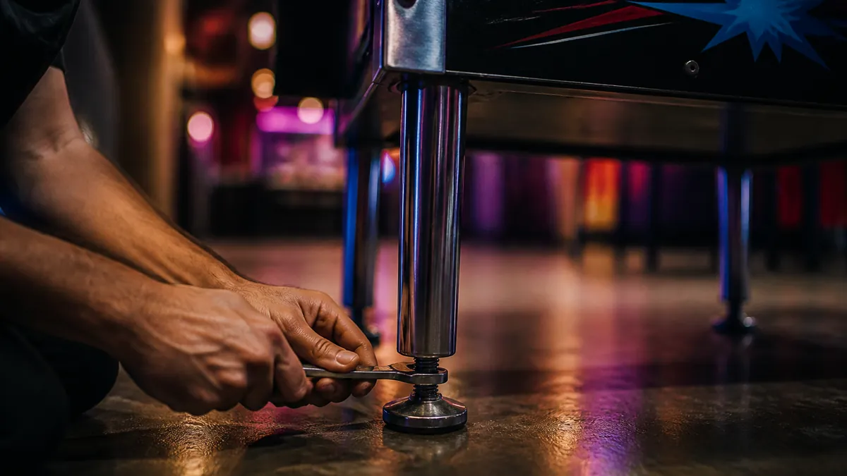 Technicien réglant un flipper de location avant une soirée d'entreprise, borne posée sur pieds réglables