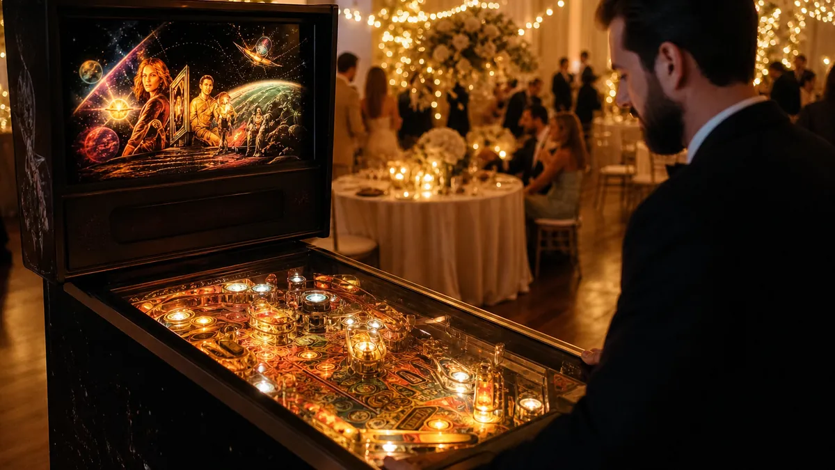 Flipper vintage installé dans une salle de réception décorée pour un mariage, invités en arrière-plan