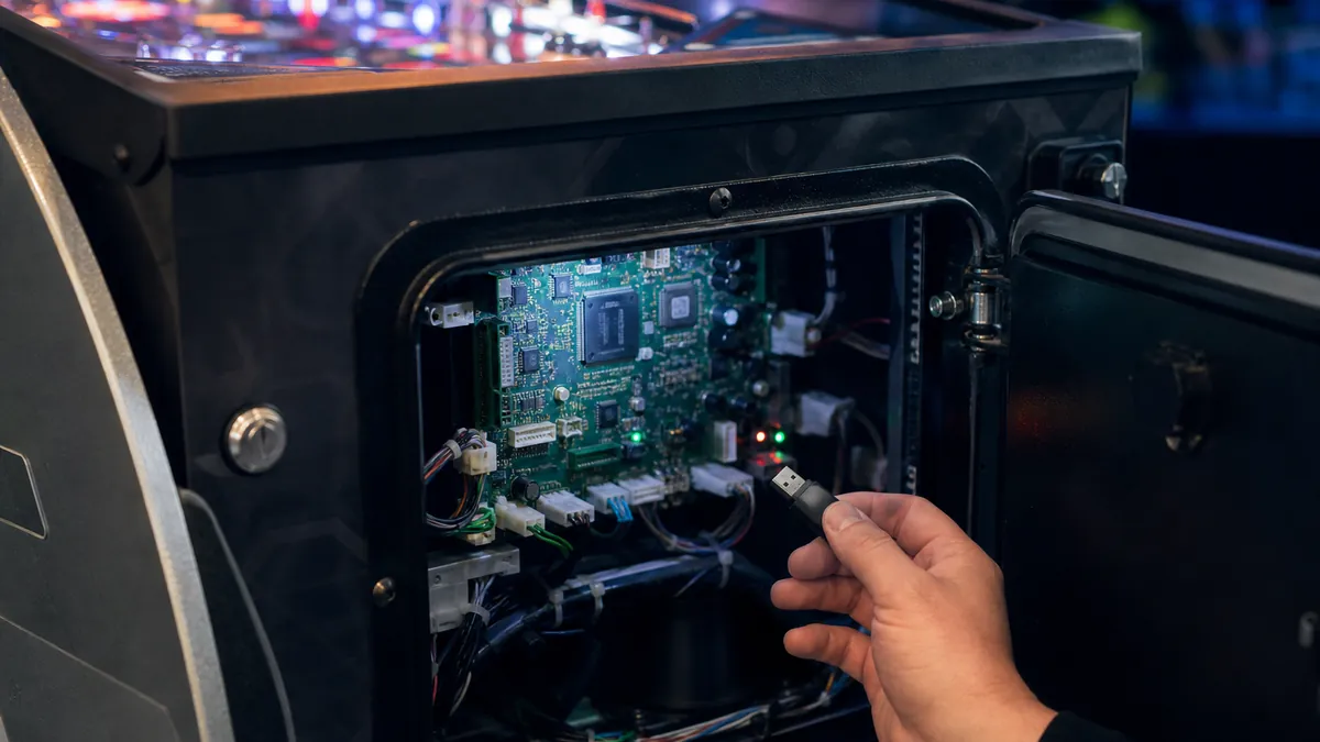 Porte à monnaie ouverte d'un flipper Stern montrant la carte CPU et une clé USB prête à être insérée pour la mise à jour du code