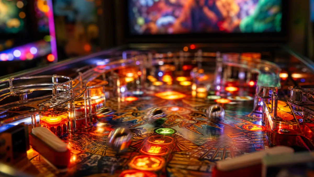 Plateau de flipper moderne illuminé pendant un multiball avec plusieurs billes en jeu