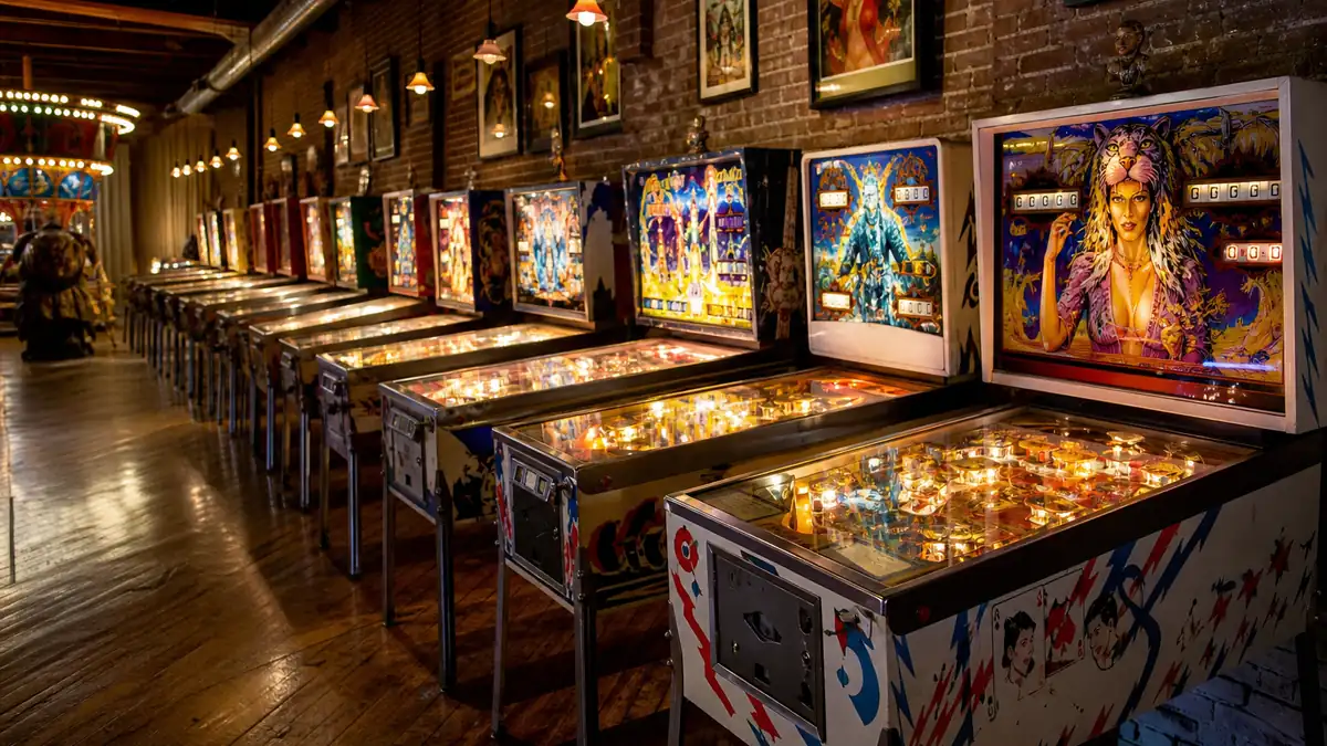 Longue rangée de flippers anciens allumés dans une salle de collection ouverte au public