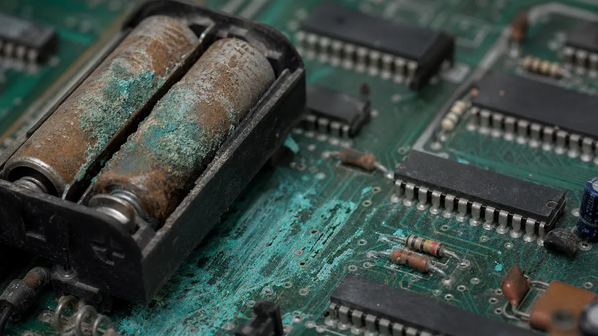 Carte CPU de flipper avec un pack de piles corrodé et un dépôt vert de corrosion autour des pistes de cuivre