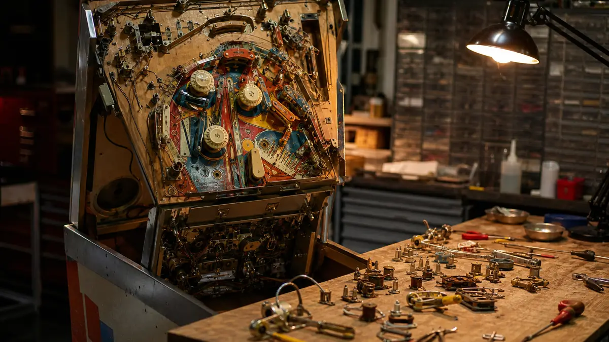 Flipper électromécanique ancien en cours de restauration dans un atelier, plateau soulevé et pièces démontées étalées sur l'établi