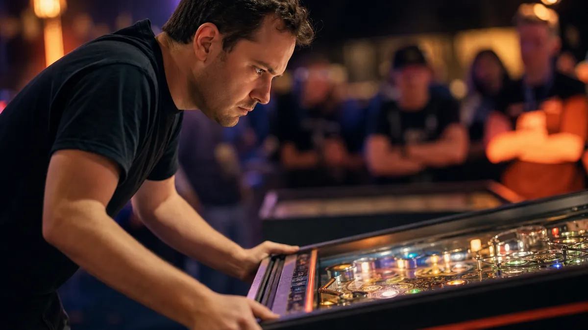 Mains d'un joueur de flipper concentré sur les boutons de batteur d'une machine en tournoi