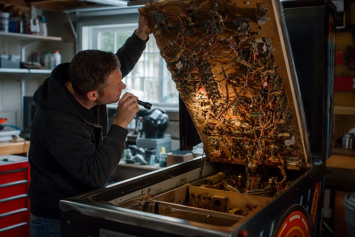 Acheter un flipper d'occasion : inspection d'une machine au plateau levé, lampe en main dans un atelier