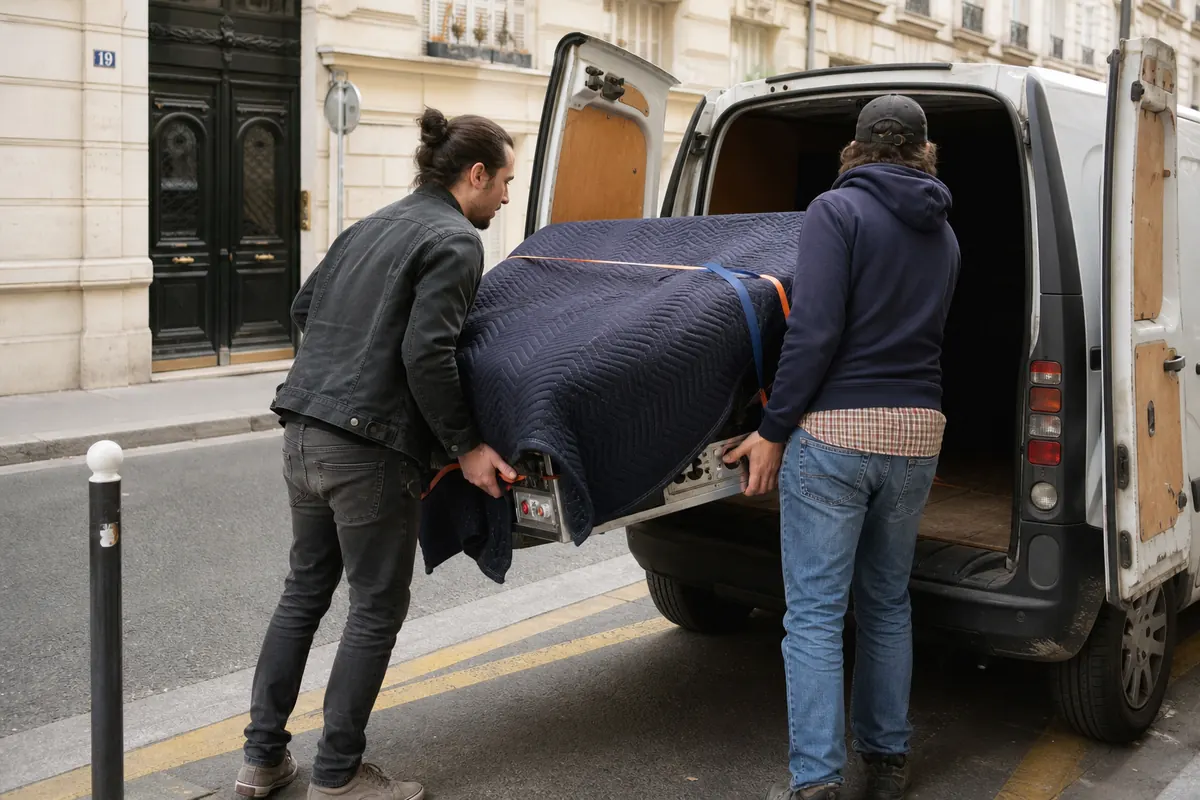 Deux personnes chargent un flipper emballé dans une couverture de déménagement à l'arrière d'une camionnette