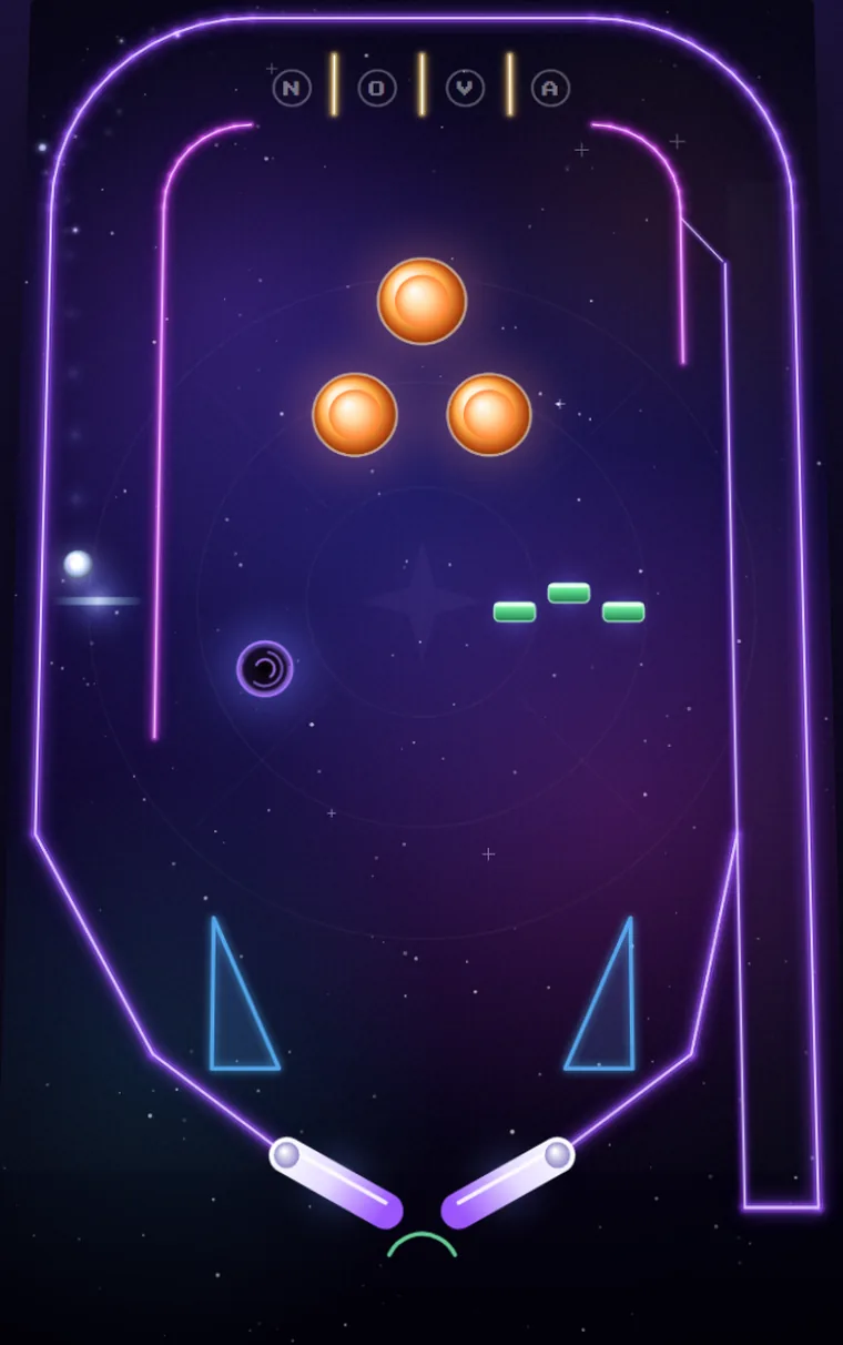 Jeu de pinball en ligne NOVA en cours de partie : bille en acier, bumpers lumineux et flippers néon sur une table spatiale