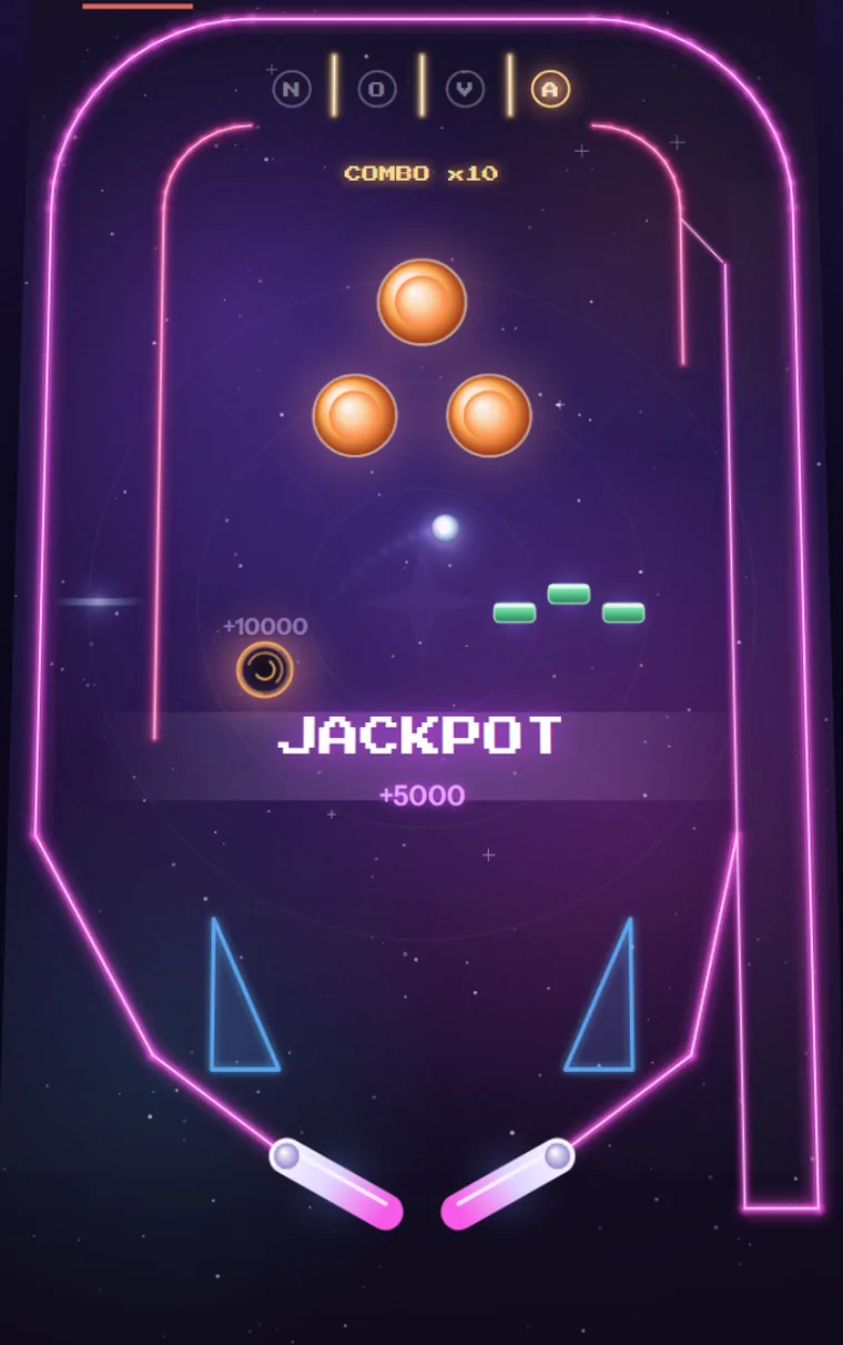 Mode multiball du flipper NOVA avec un jackpot à l'écran et la table qui passe au néon magenta